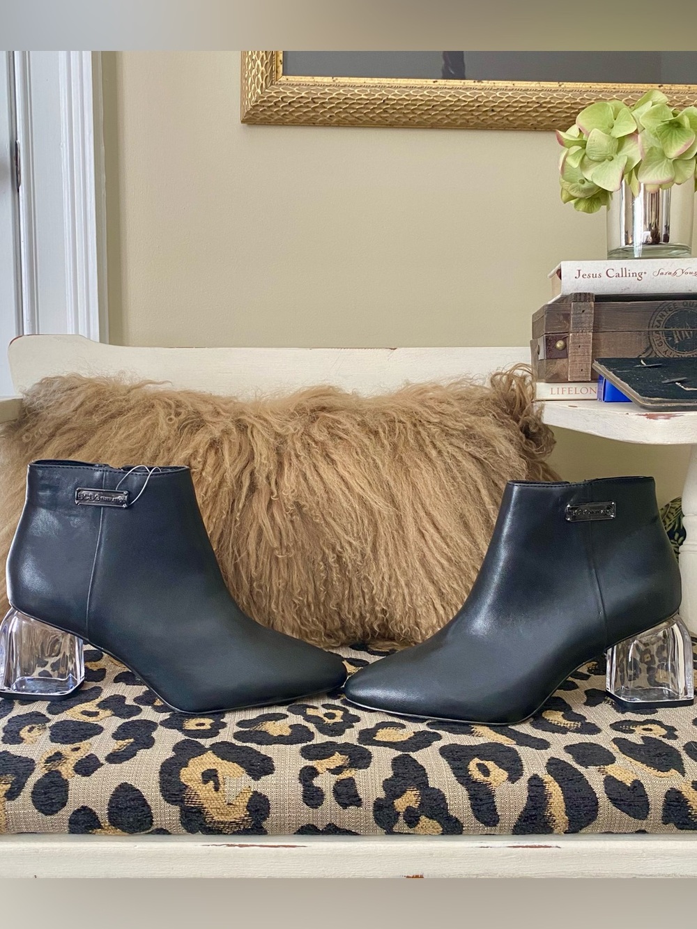 BCBGeration black booties with clear lucite block heel